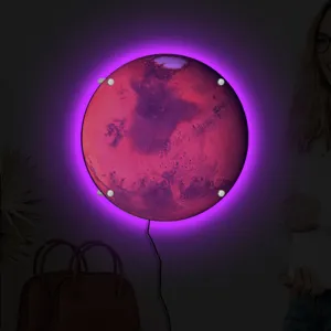 Detailed view of the glowing Mars wall lamp showing vibrant purple backlighting and modern design.