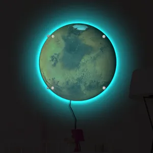 3D LED colorful planet wall light glowing night light detail view with glowing cyan backlight texture