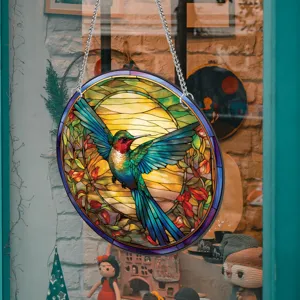 Kleurrijke kolibri glas-in-lood raamhanger, perfecte wanddecoratie voor thuis en kamer.