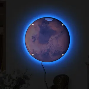 Detailed shot of the creative 3D Mars wall lamp featuring vibrant blue LED backlighting for decor.