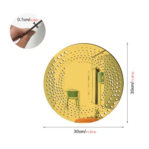 Round gold acrylic wall mirror sticker with hollow dot design, 30cm size and 0.7cm thickness.