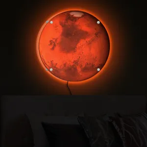 LED planet wall light detail shot showcasing glowing Mars texture and warm ambient lighting.