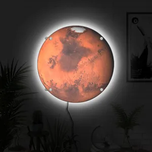 LED Mars wall lamp detail view showing glowing planet surface texture and ambient light.