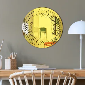 Round yellow decorative wall mirror with black dot pattern, modern acrylic home decor sticker.
