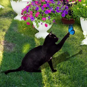Statue de jardin chat noir avec papillon bleu décoration pelouse ornement extérieur