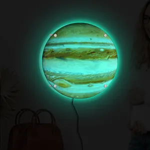 Circular LED planet wall light with glowing green effect for modern home decor detail