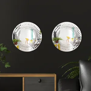 Acrylic wall decorative mirror sticker with dotted pattern, round home decor detail shot.