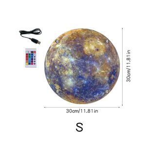Detail view of the 30cm LED planet wall lamp, showing the remote control and USB power cable.