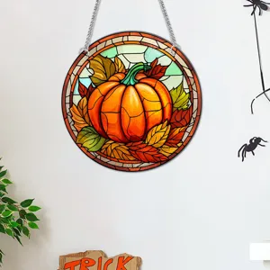 Decorazione da parete appendibile rotonda in vetro colorato zucca d'autunno per la casa