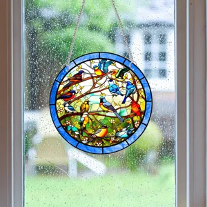 Stained glass window hanging with colorful birds, round suncatcher with metal chain for home decor.