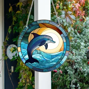 Stained glass dolphin suncatcher round window hanging ocean art decor for home wall.
