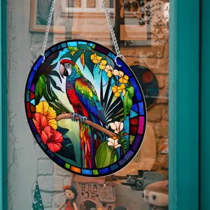 Detailed view of circular stained glass window hanging with colorful parrot and flower motif.