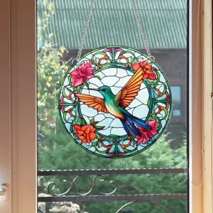 Stained glass hummingbird window hanging suncatcher floral pattern chain decor for room home.