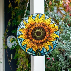 Round stained glass sunflower hanging window panel with metal chain for home and garden decor.