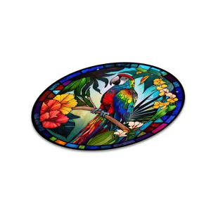 Stained glass parrot wall art detail, tropical floral pattern hanging decor piece.