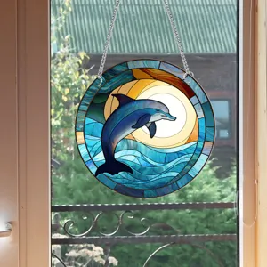 Stained glass dolphin window hanging suncatcher round ocean wall decor for home room