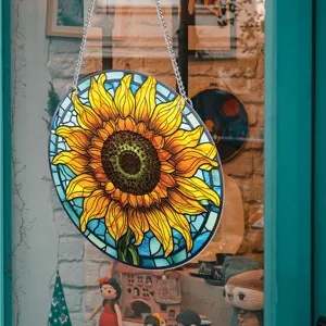 Stained glass sunflower hanging suncatcher decoration with metal chain, vibrant floral home decor.