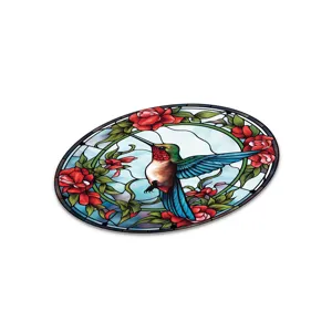 Stained glass hummingbird wall art oval hanging suncatcher with red roses home decor.
