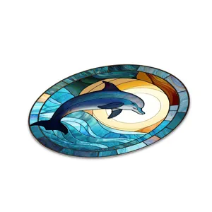 Stained glass dolphin wall art detail view, oval decorative hanging panel showing vibrant ocean waves.