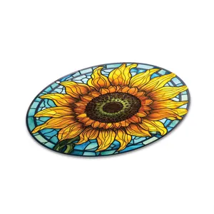 Stained glass style sunflower wall art plaque, vibrant floral home decor, oval art piece.