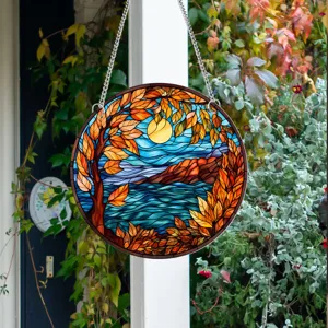 Stained glass autumn landscape window hanging, vibrant circular suncatcher for home decor.