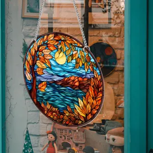Stained glass autumn tree window hanging decor with metal chain for room wall display.