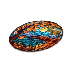 Detailed view of oval stained glass autumn tree wall hanging panel, vibrant seasonal leaf art.