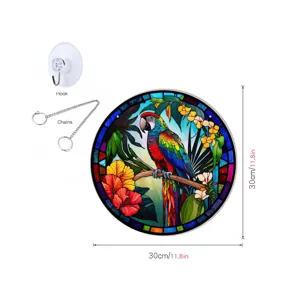 Stained glass parrot wall hanging 30cm round decorative panel with hook and chain for home