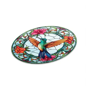 Stained glass style hummingbird wall art decor round hanging painting with vibrant flowers.