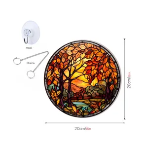 Buntglas Herbst Landschaft Fensterhänger rundes Panel mit Kette und Haken, 20cm Wand-Dekor