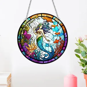 Round stained glass mermaid wall hanging decor colorful ocean art window panel ornament