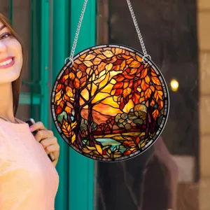 Acryl Buntglas Kolibri Wandbehang Ornament Herbstlandschaft Fensterdekor Mit Eisenkette Und Haken Für Zimmer