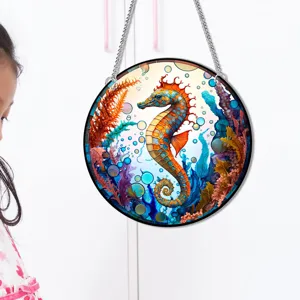 Colorful seahorse hanging wall decor detail shot, vibrant stained glass style art ornament.