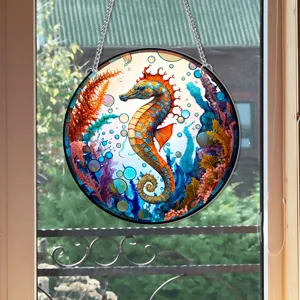 Colorful stained glass seahorse hanging decoration for home window art ornament display