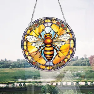 Stained glass bee window hanging, vibrant floral pattern suncatcher with metal hanging chain.
