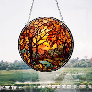 Runde Buntglas Herbstwald Hängefenster Fensterplatte mit metallener Kette Dekoration