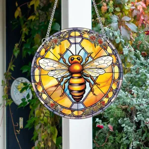 Stained glass bee hanging suncatcher window panel home decor garden wall ornament
