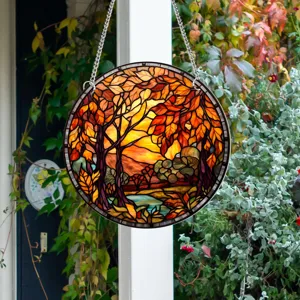 Buntglas Herbst Landschaft Fensterhänger runder Sonnenfänger für schöne Heimdekorationen