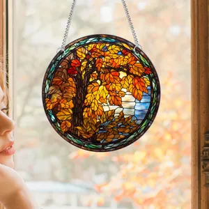 Runder Buntglas-Fensterbehang mit Herbstbaum Sonnenfänger Heimdeko mit Metallkette.