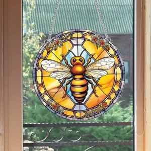 Stained glass bee suncatcher hanging panel for window home and indoor wall art decor