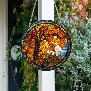 Runder Buntglas Herbstbaum Fensterbehang Sonnenfänger für Heimdekoration Wandkunst Deko
