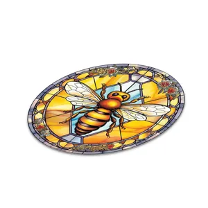 Stained glass style bee wall art detail, round decorative window hanging or wall sticker.