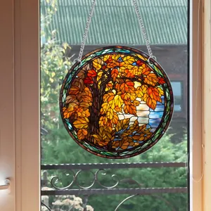 Buntglas Herbstbaum Fensterbehang mit Metallkette, lebendige herbstliche Blattdeko.