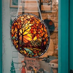 Buntglas herbstlicher wald fenster hänger sonnenfänger runde dekorative kunstwerk