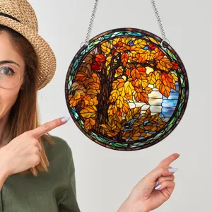 Buntglas Fensterbehang Herbst Baum Kunst Paneel rund Sonnenfänger Wanddeko Zuhause