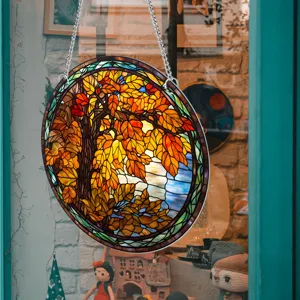 Runder Buntglas Herbstbaum Fensterbehang Sonnenfänger Wandkunst Dekoration Element