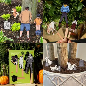 Funny wooden plant stakes with funny peeing figures and cute ghosts for indoor plant pot decor.