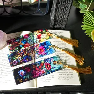 Colorful stained glass acrylic bookmarks with gold tassels, beautiful reading page markers.