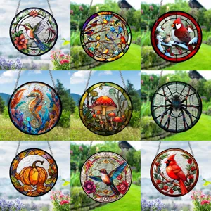 Acrylic stained glass suncatcher panel with vibrant nature bird and flower detail design.