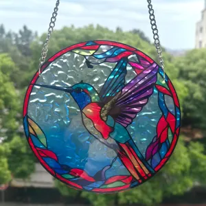 Acrylic stained glass hummingbird suncatcher hanging window decor closeup detail view piece